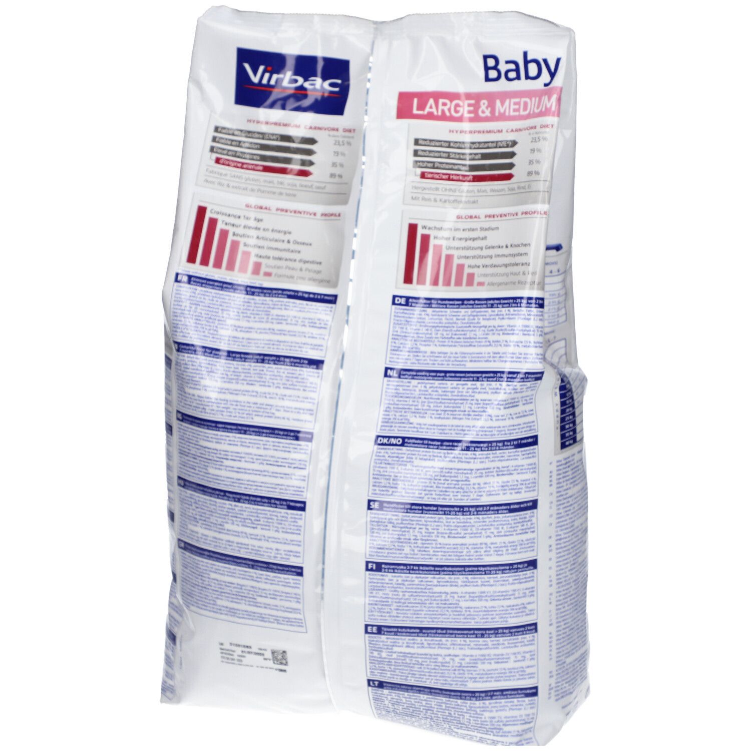 Virbac VETERINARY HPM® BABY Large & Medium Dog. Deux sacs côte à côte. Texte: Baby, LARGE & MEDIUM, HPM. Diagrammes et informations.