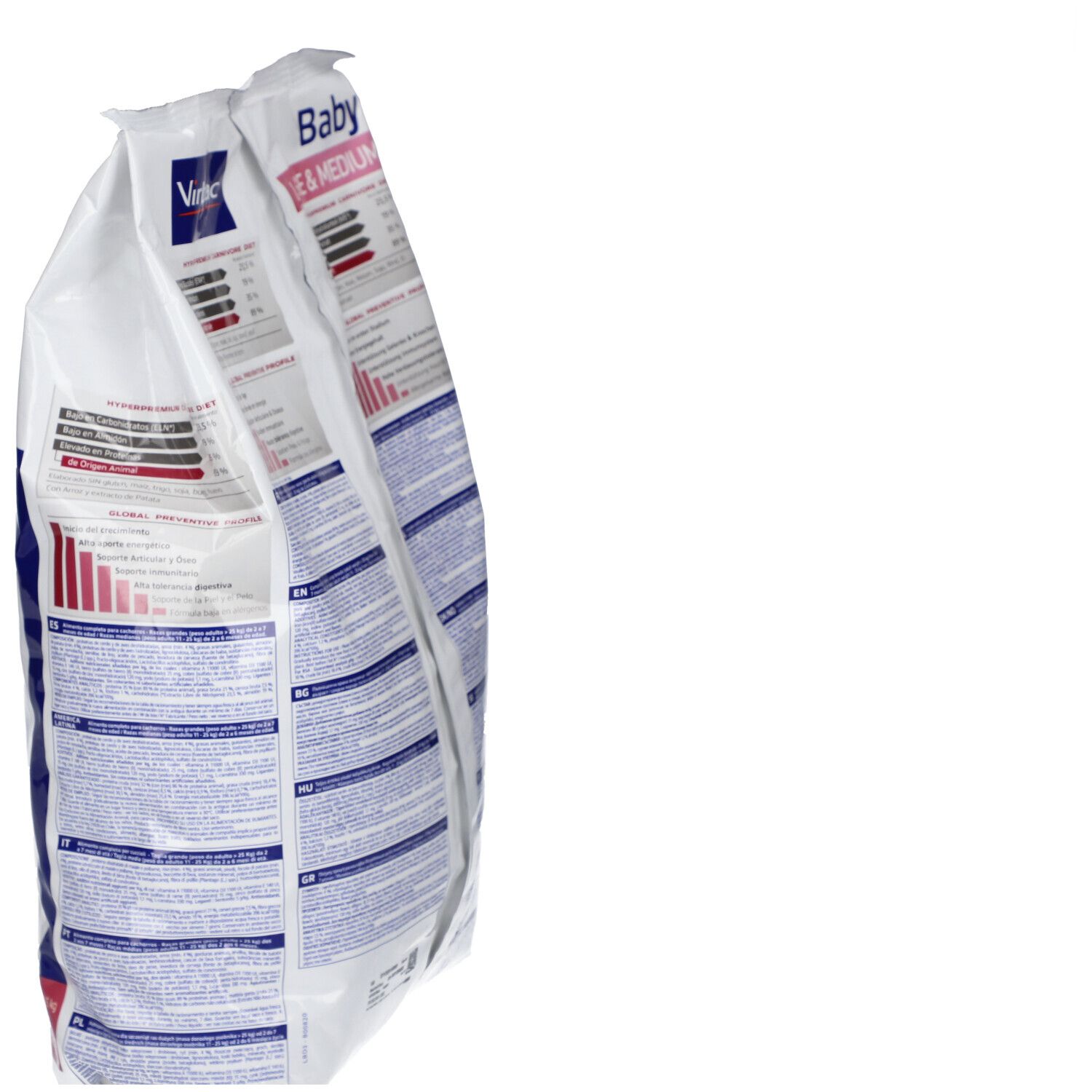 Virbac VETERINARY HPM® BABY Large & Medium Dog. Deux sacs, vue latérale. Texte: Baby, LARGE & MEDIUM, HPM. Diagrammes et informations.