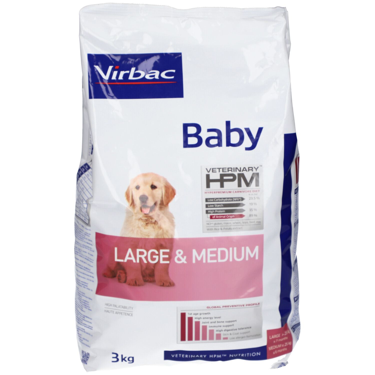 Virbac VETERINARY HPM® BABY Large & Medium Dog. Sac blanc. Texte: Baby, LARGE & MEDIUM, HPM. Image d'un chiot. 3kg.