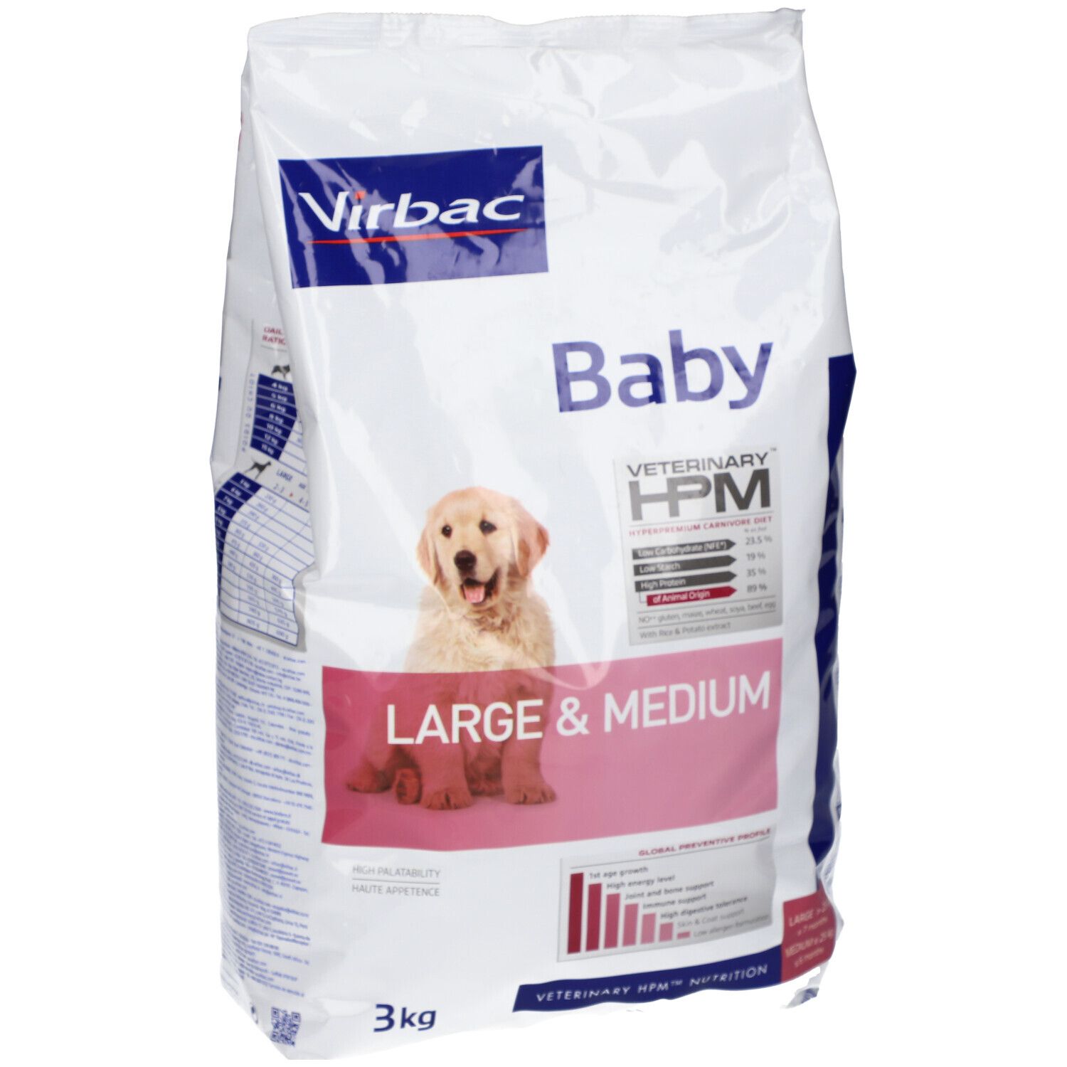 Virbac VETERINARY HPM® BABY Large & Medium Dog. Sac blanc. Texte: Baby, LARGE & MEDIUM, HPM. Image d'un chiot. 3kg.