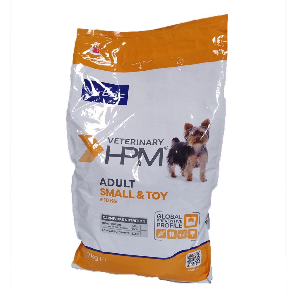 Sac Virbac VETERINARY HPM Adult Small & Toy. Impression: logo, chien, texte. 7 kg.