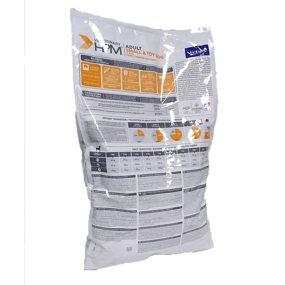 Dos du sac Virbac VETERINARY HPM Adult Small & Toy. Texte et graphiques.