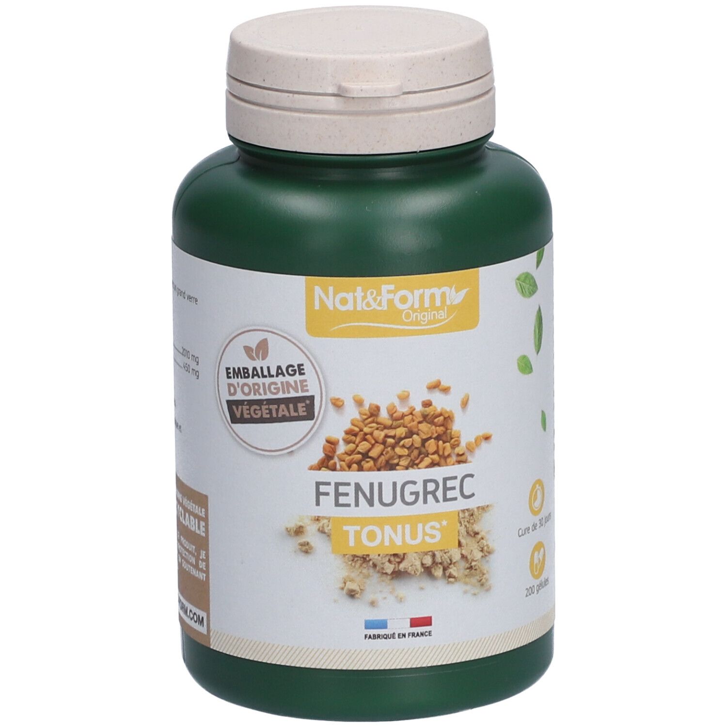 Flacon vert, bouchon beige. Inscription FENUGREC TONUS. Emballage d'origine végétale. 200 gélules.