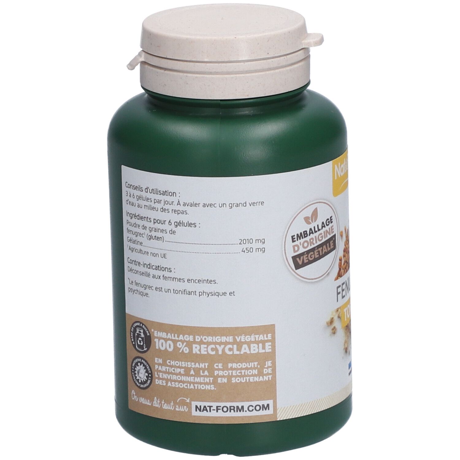 Dos du flacon vert. Informations sur les ingrédients et l'utilisation. Emballage 100% recyclable.