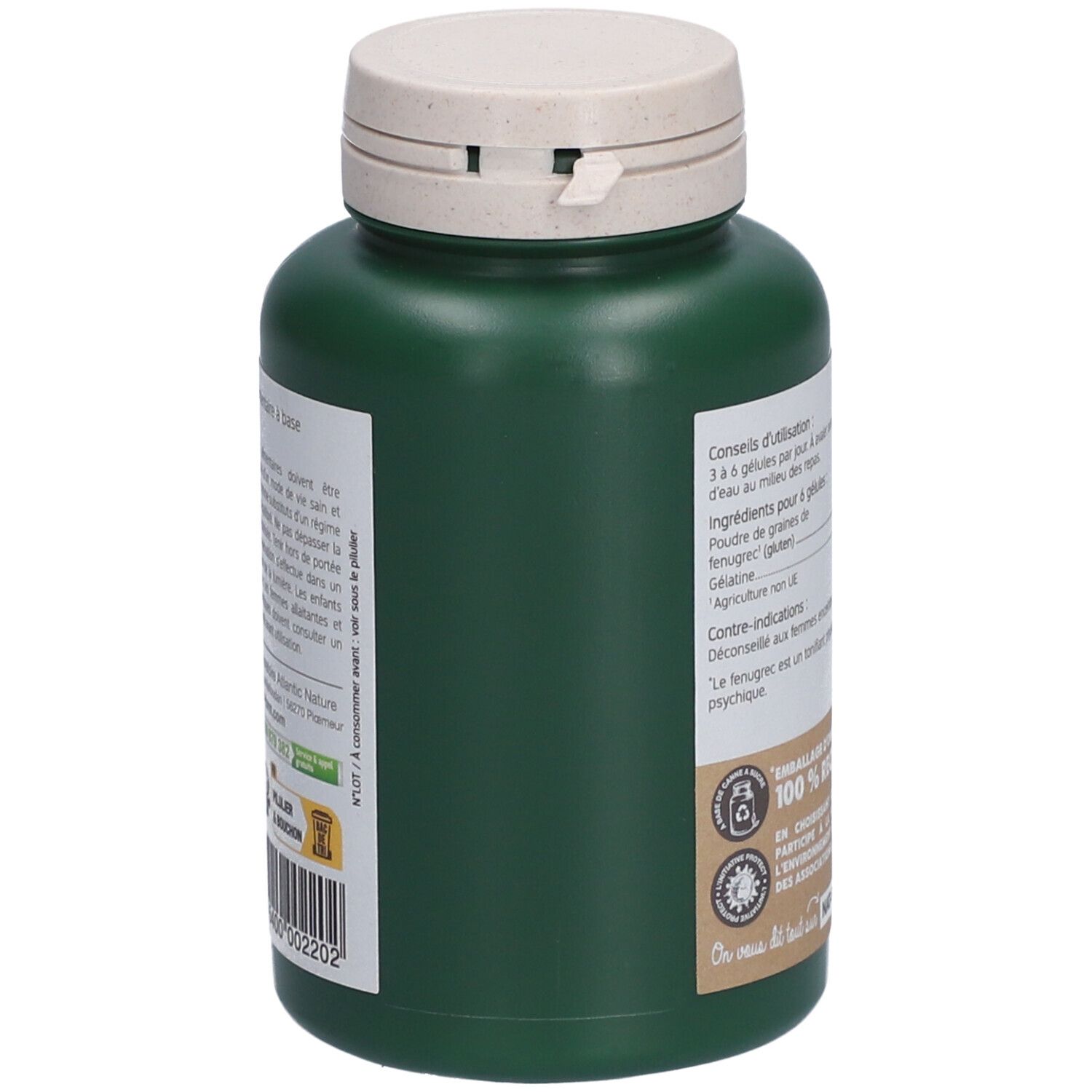 Flacon vert, vue latérale. Informations d'utilisation et ingrédients. Emballage 100% recyclable.