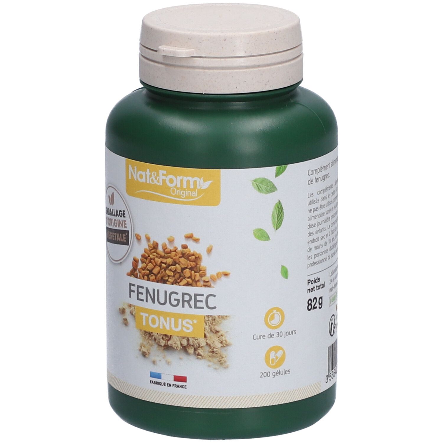 Flacon vert, bouchon beige. Inscription FENUGREC TONUS. 200 gélules. Poids net 82g. Cure de 30 jours.
