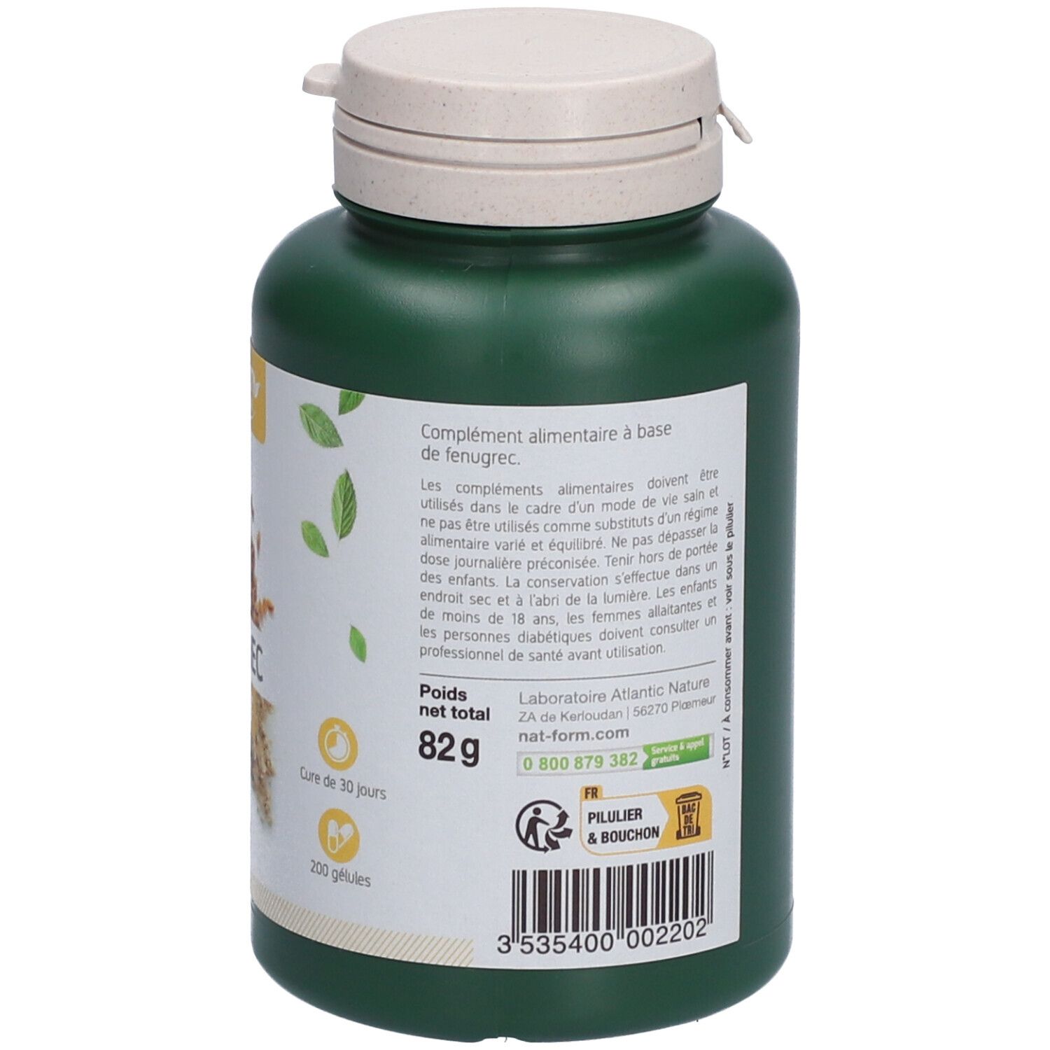 Dos du flacon vert. Informations sur le complément alimentaire. 200 gélules. Poids net 82g.