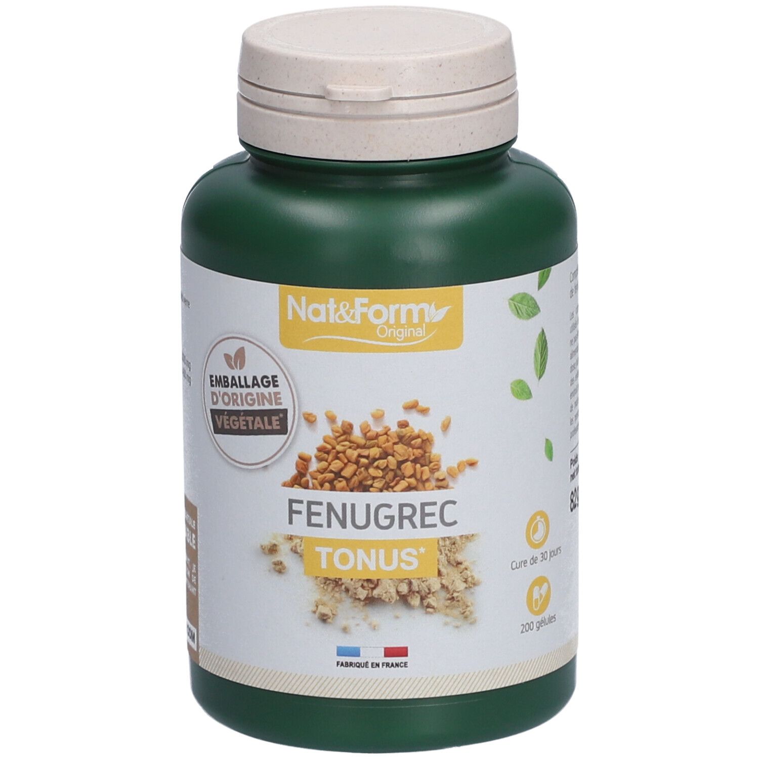Flacon vert, bouchon beige. Inscription FENUGREC TONUS. Emballage d'origine végétale. 200 gélules.