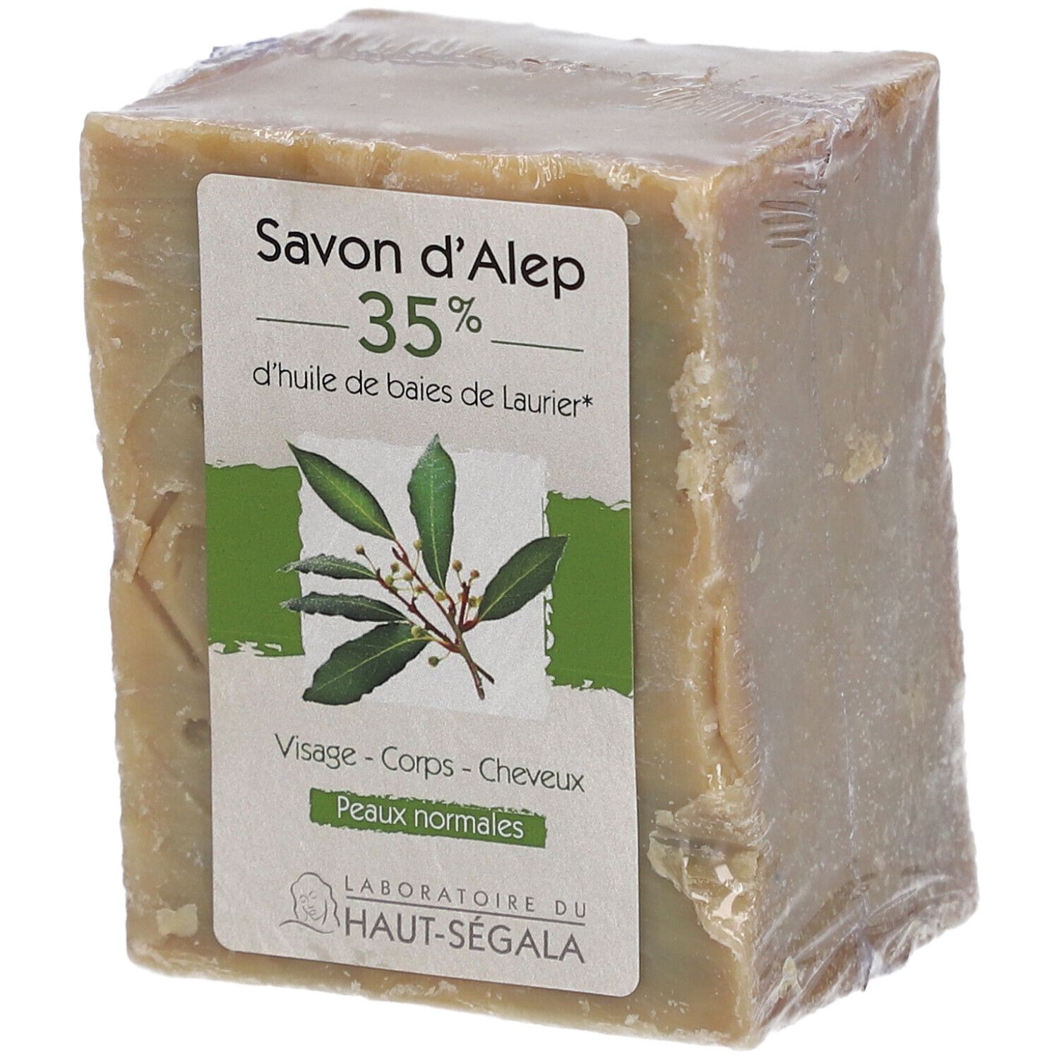 Savon d'Alep 35% emballé. Étiquette: Peaux normales, visage, corps, cheveux. Logo Laboratoire du Haut-Ségala. Emballage transparent.
