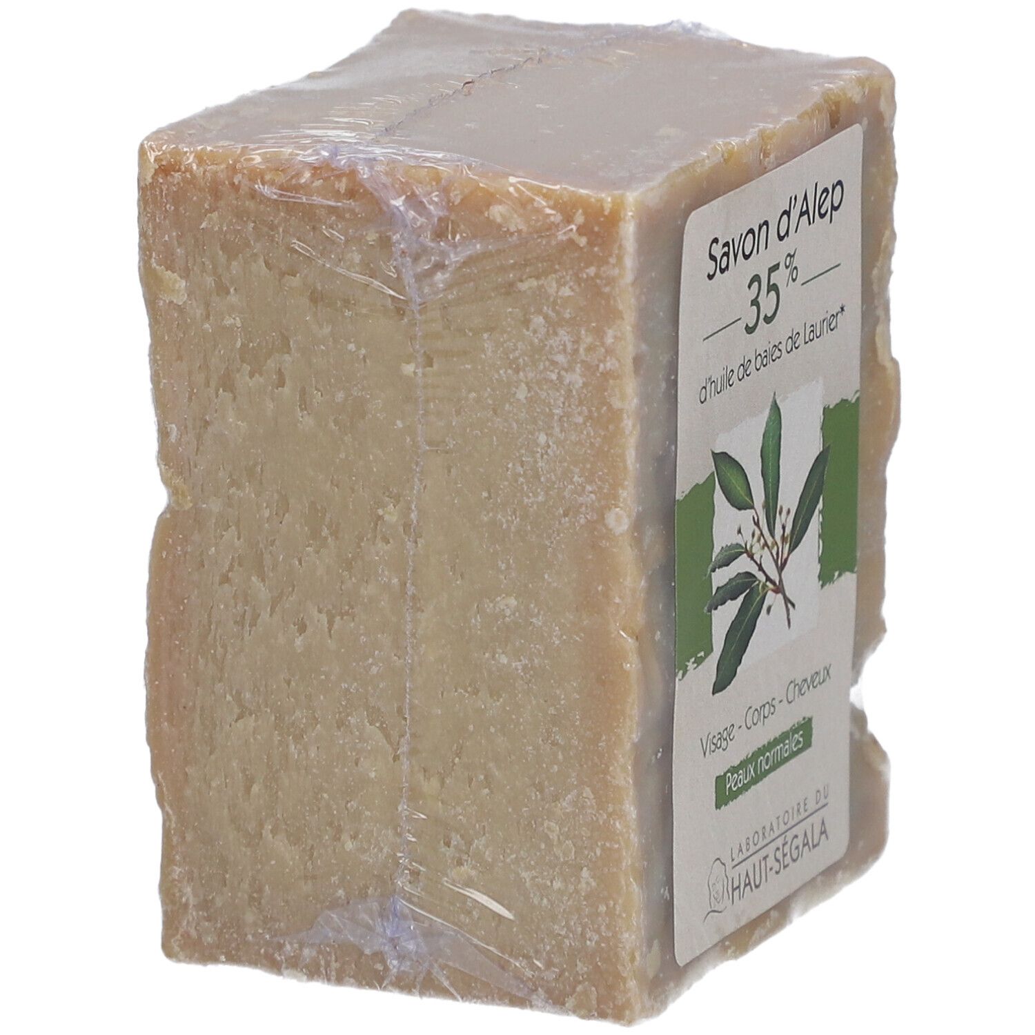 Savon d'Alep 35% emballé. Étiquette: Peaux normales, visage, corps, cheveux. Logo Laboratoire du Haut-Ségala. Emballage transparent.