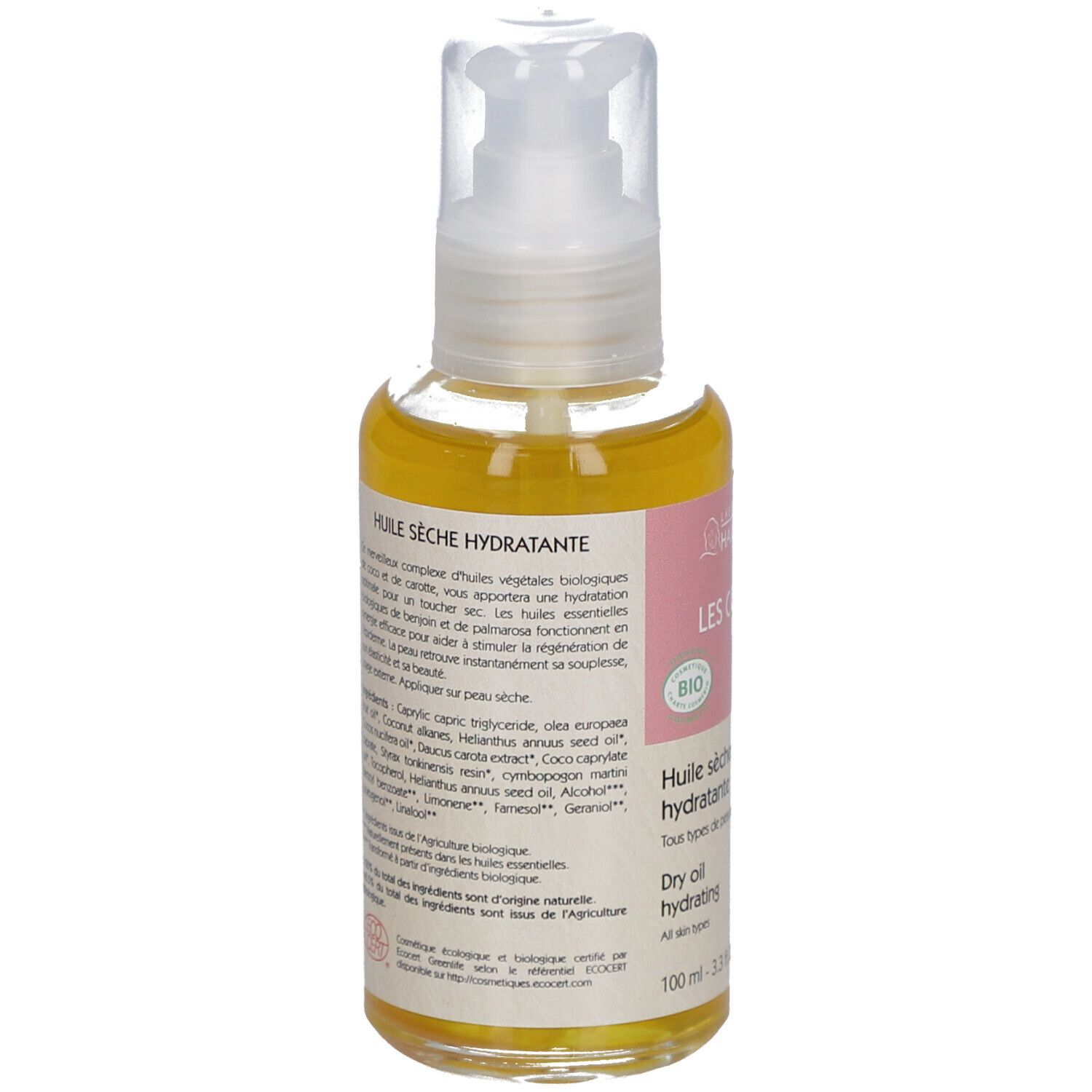 Dos du flacon avec texte. Liste des ingrédients et certification bio. Flacon transparent avec pompe.