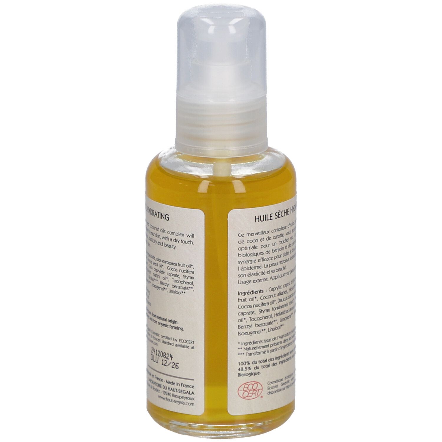 Dos du flacon avec texte. Liste des ingrédients et certification bio. Flacon transparent avec pompe.