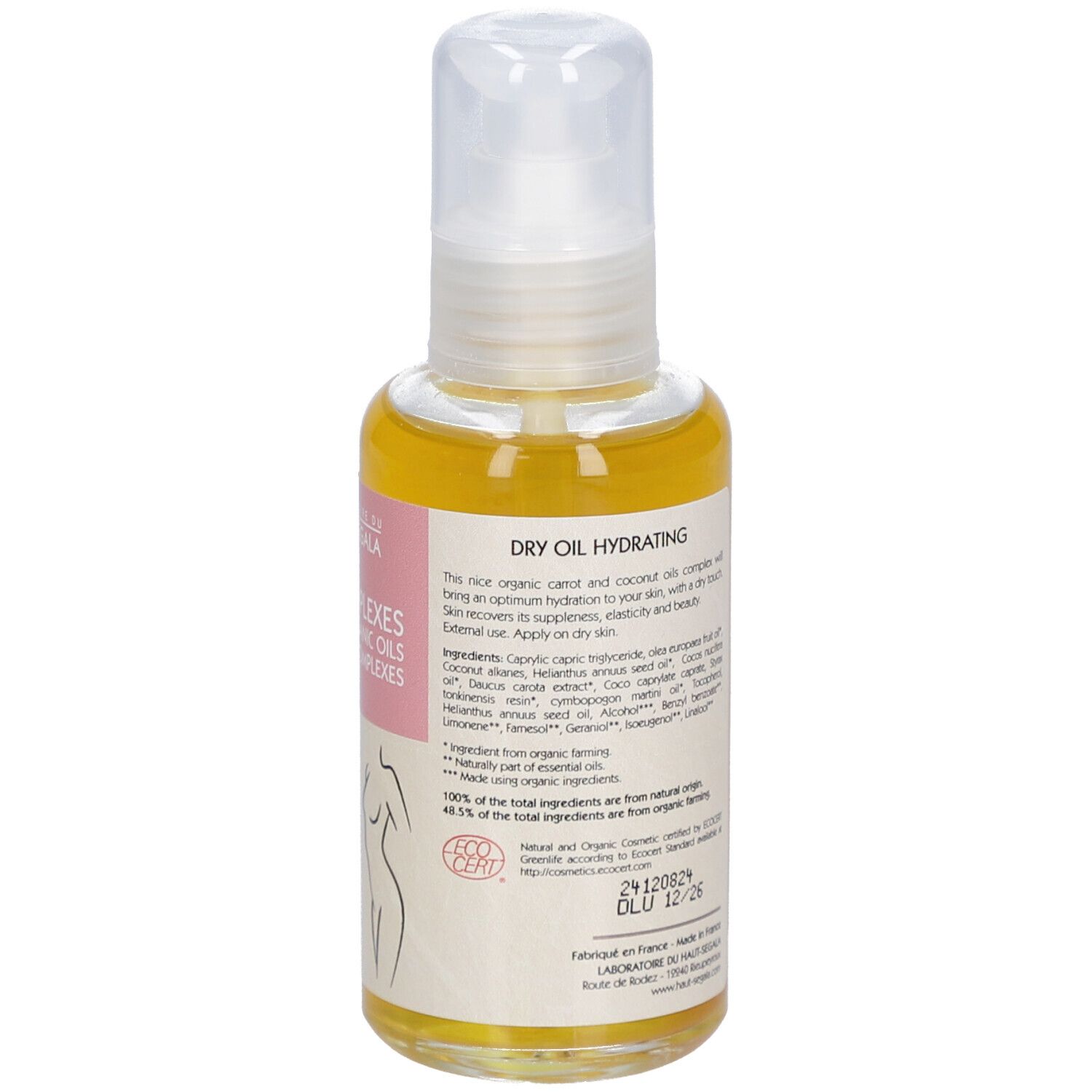 Dos du flacon avec texte. Liste des ingrédients et certification bio. Flacon transparent avec pompe.