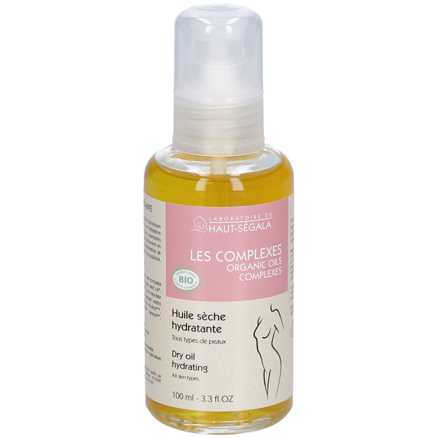 Flacon transparent avec pompe. Étiquette avec texte et logo bio. Illustration d'une femme. Huile sèche hydratante.