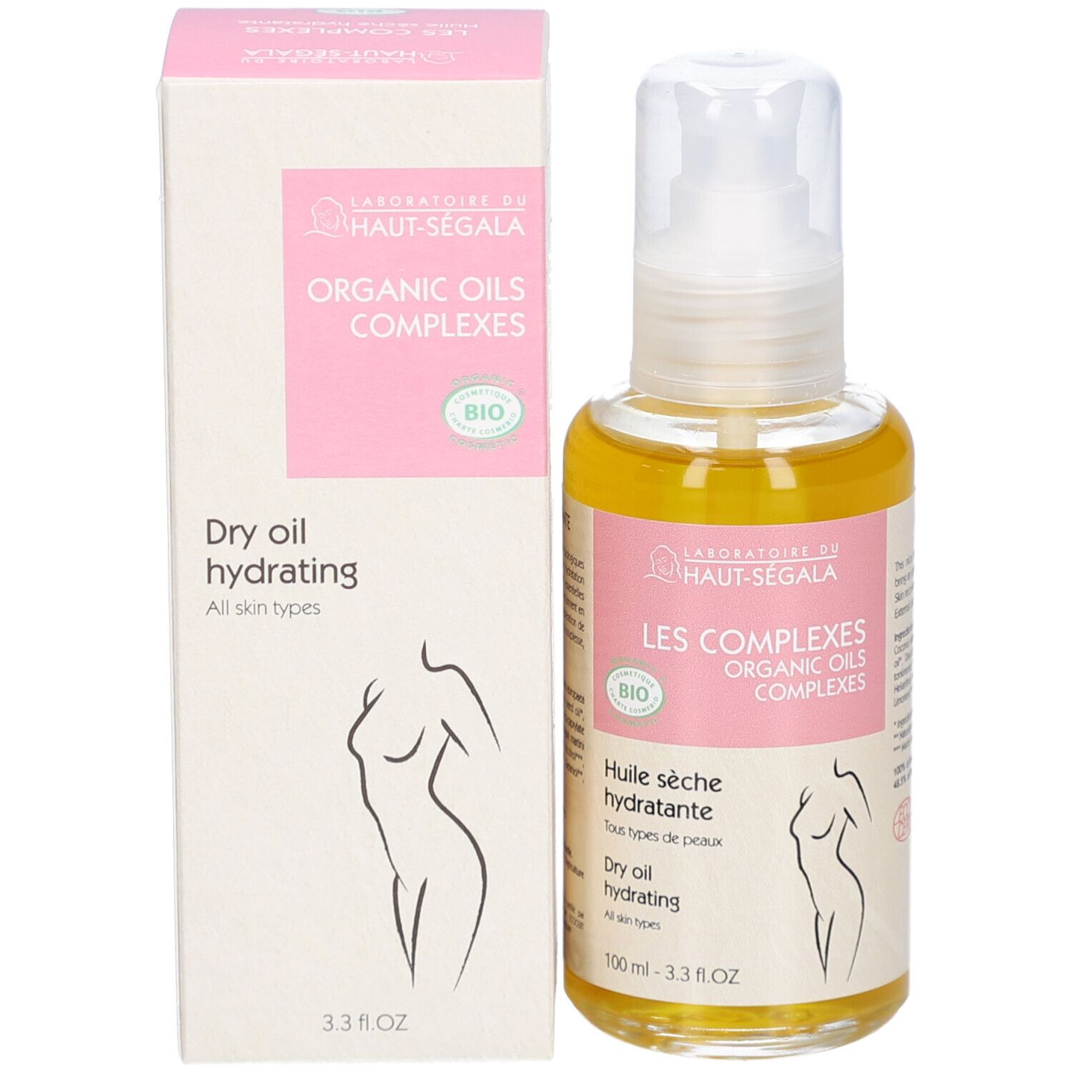 Flacon et boîte. Flacon avec pompe. Boîte avec texte et logo. Certification bio.