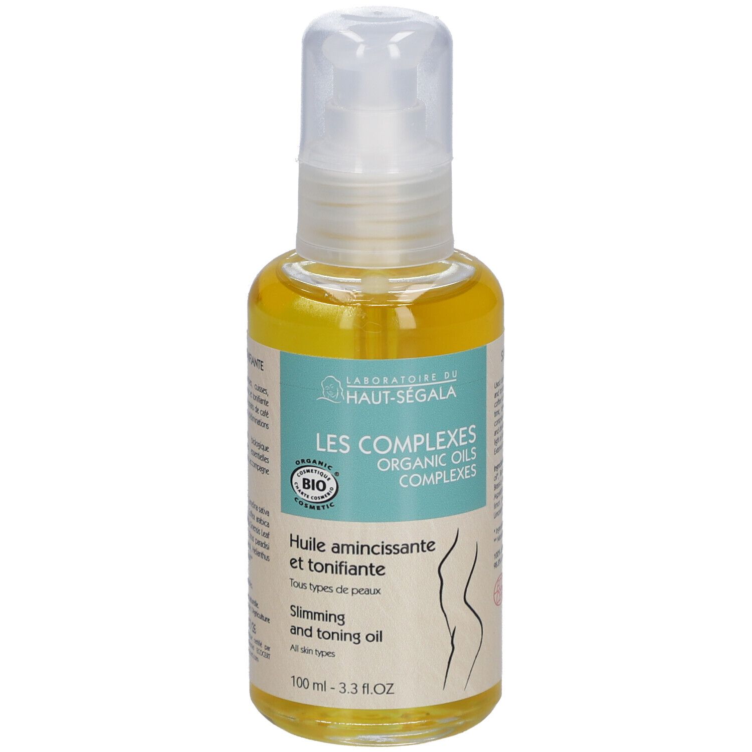 Flacon d'huile avec vaporisateur. Inscription: Laboratoire du Haut-Ségala, Les Complexes, certification Bio. Texte: Huile amincissante et tonifiante.