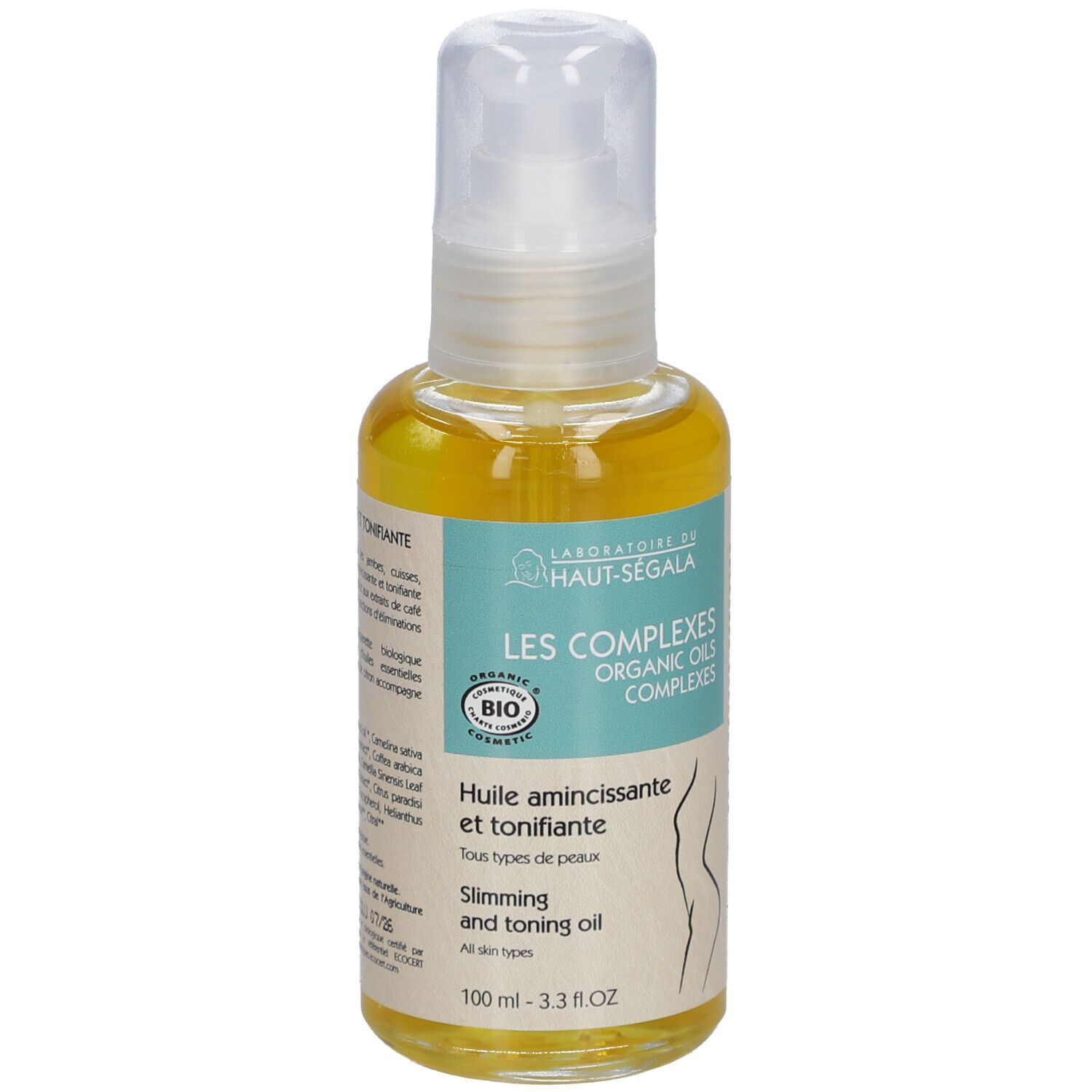 Flacon d'huile avec vaporisateur. Inscription: Laboratoire du Haut-Ségala, Les Complexes, certification Bio. Texte: Huile amincissante et tonifiante.
