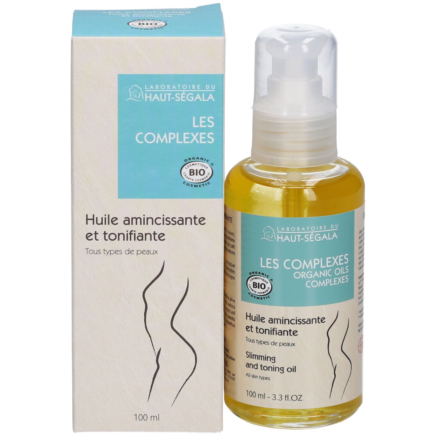Flacon et boîte d'huile. Inscription: Laboratoire du Haut-Ségala, Les Complexes, certification Bio. Texte: Huile amincissante et tonifiante.