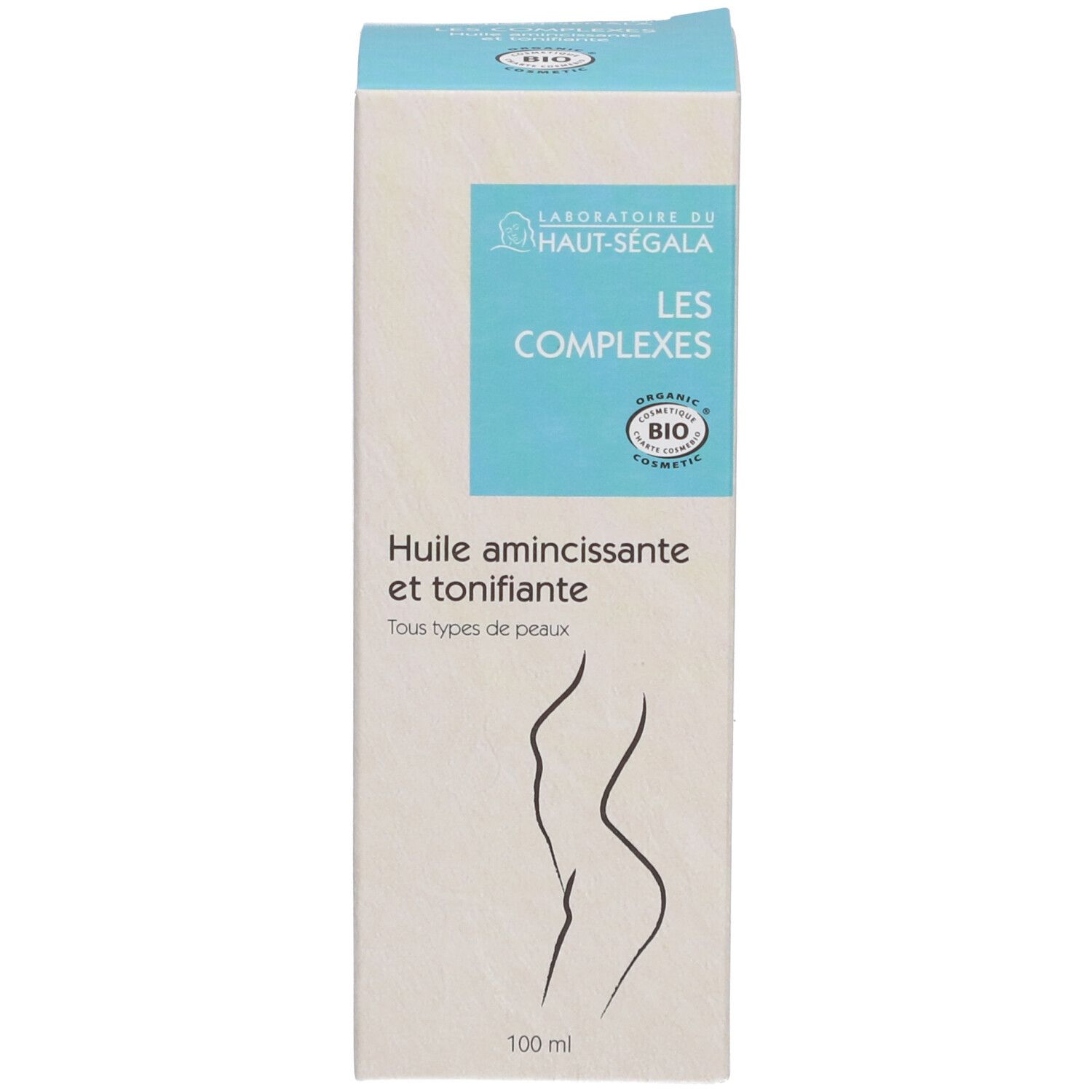 Boîte. Inscription: Laboratoire du Haut-Ségala, Les Complexes, certification Bio. Texte: Huile amincissante et tonifiante.