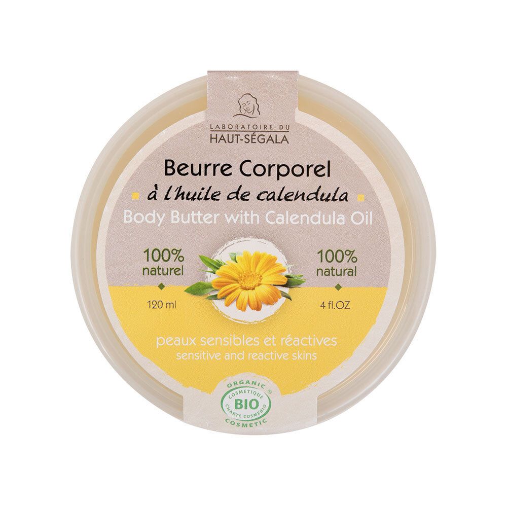 Pot rond de beurre corporel à l'huile de calendula. Inscription jaune, fleur jaune. Label: Laboratoire du Haut-Ségala.