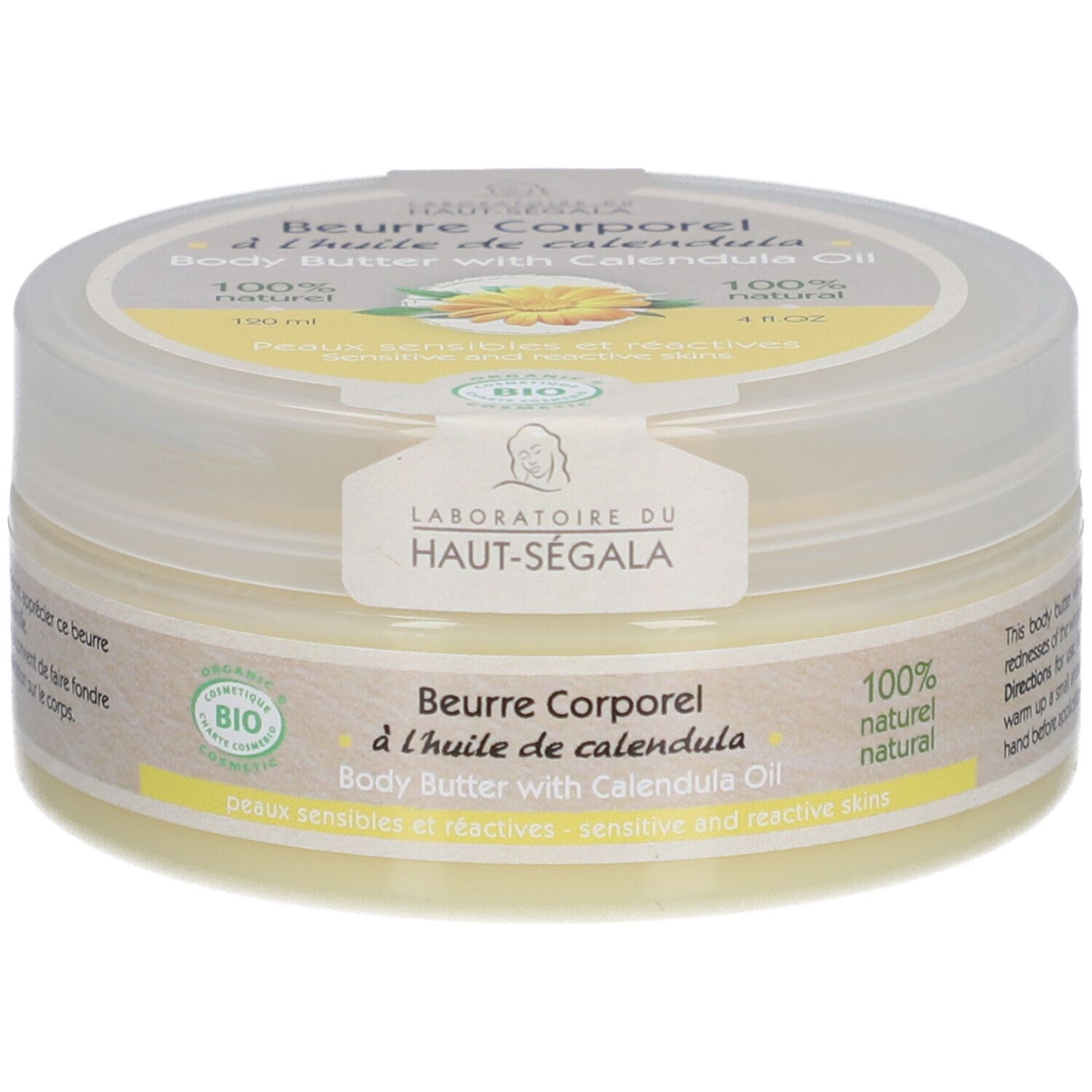 Pot de beurre corporel à l'huile de calendula. Écriture jaune, fleur jaune. Label: Laboratoire du Haut-Ségala. Certification bio.