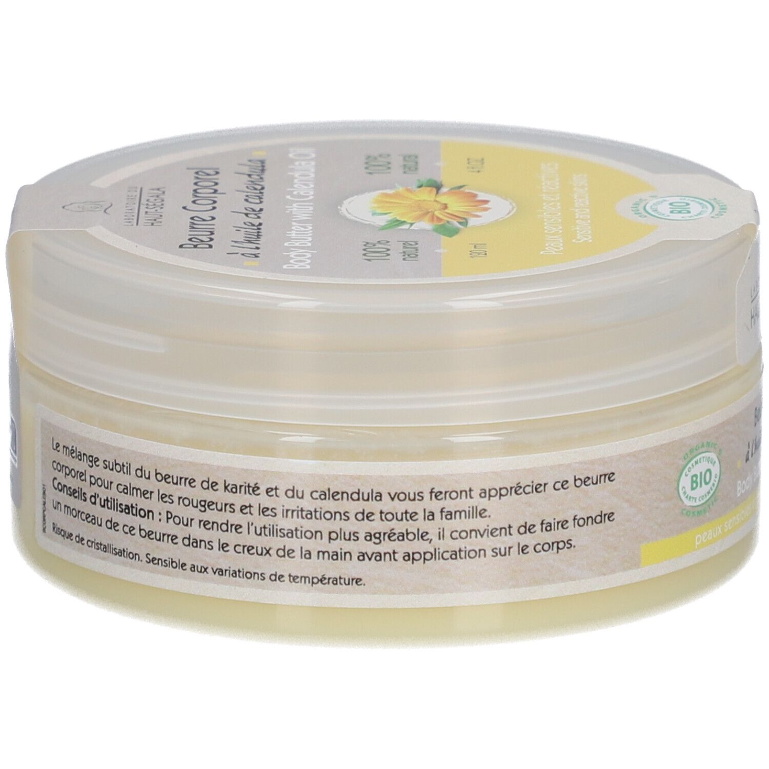Pot de beurre corporel à l'huile de calendula. Écriture jaune, fleur jaune. Label: Laboratoire du Haut-Ségala. Certification bio.
