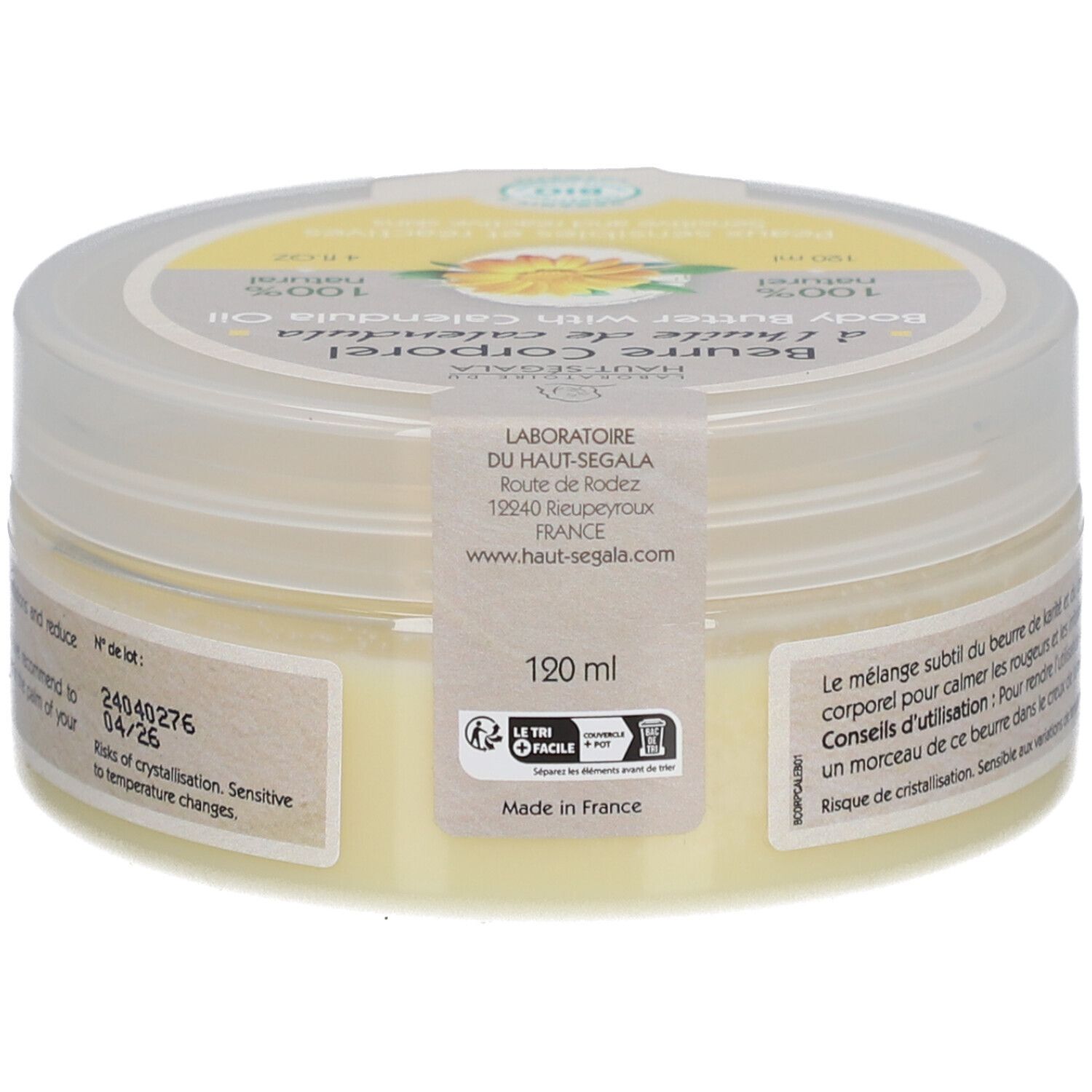 Pot de beurre corporel à l'huile de calendula. Écriture jaune, fleur jaune. Label: Laboratoire du Haut-Ségala. Certification bio.