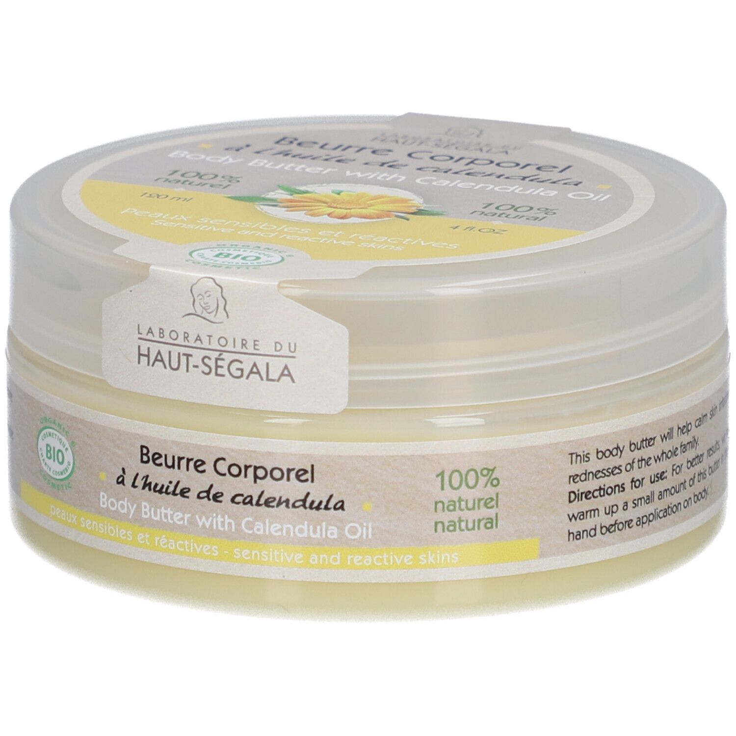 Pot de beurre corporel à l'huile de calendula. Écriture jaune, fleur jaune. Label: Laboratoire du Haut-Ségala. Certification bio.