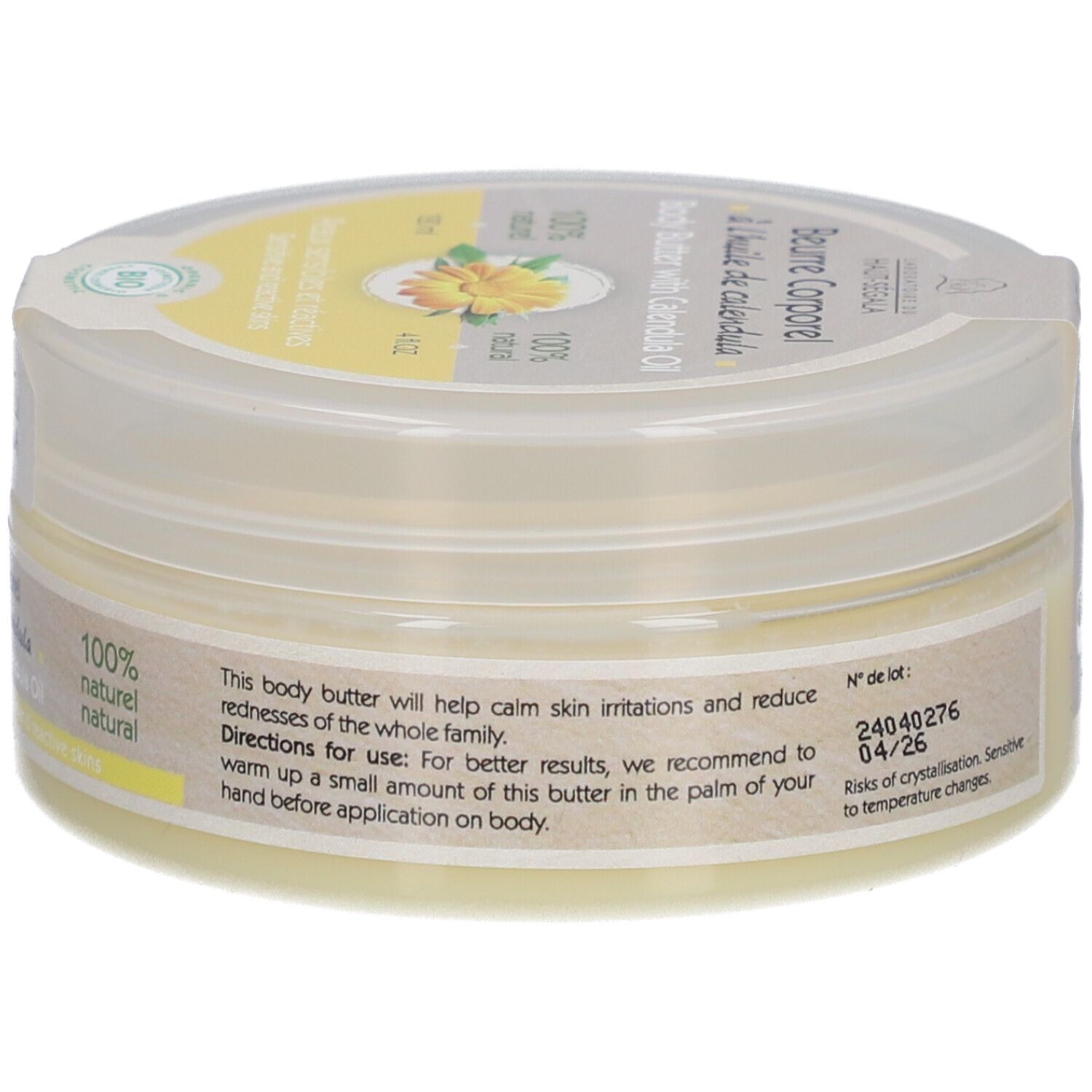 Pot de beurre corporel à l'huile de calendula. Écriture jaune, fleur jaune. Label: Laboratoire du Haut-Ségala. Certification bio.