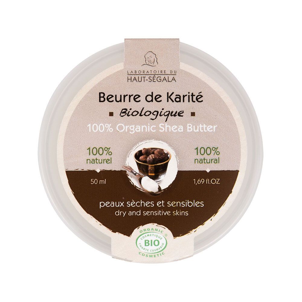 Pot rond de 'Beurre de Karité Biologique'. Beurre de karité bio 100%. Pour peaux sèches et sensibles. Label bio.