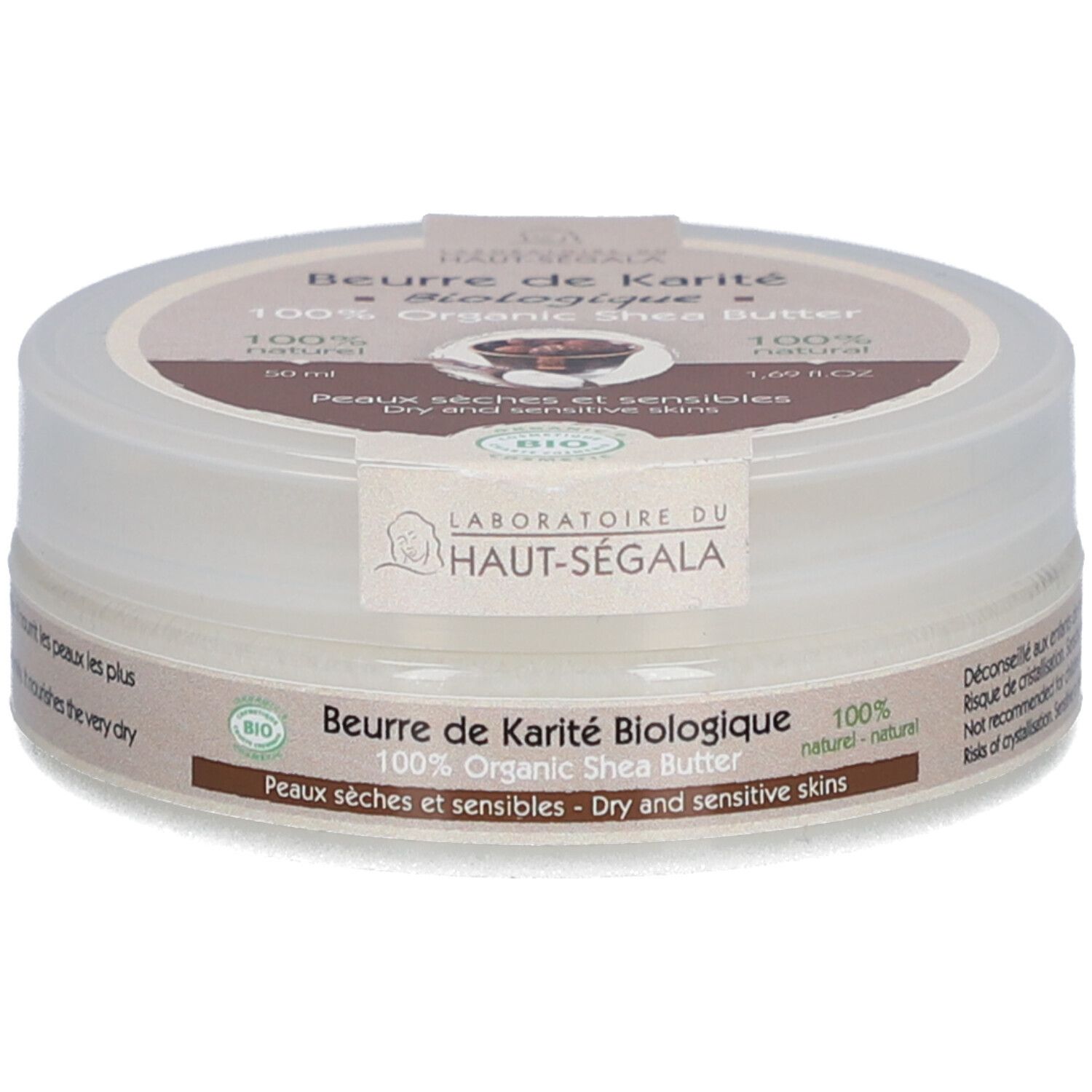 Pot rond 'Beurre de Karité Biologique'. Beurre de karité bio 100%. Pour peaux sèches et sensibles. Label bio. 50 ml.