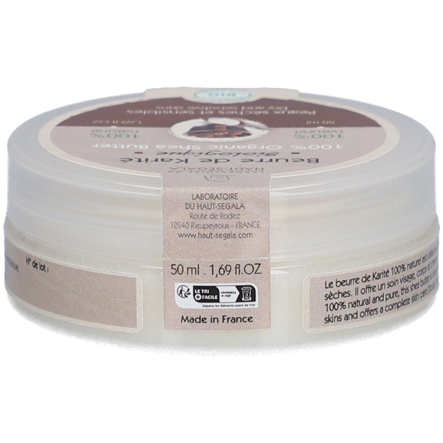 Pot rond 'Beurre de Karité Biologique'. Beurre de karité bio 100%. Pour peaux sèches et sensibles. Label bio. 50 ml.