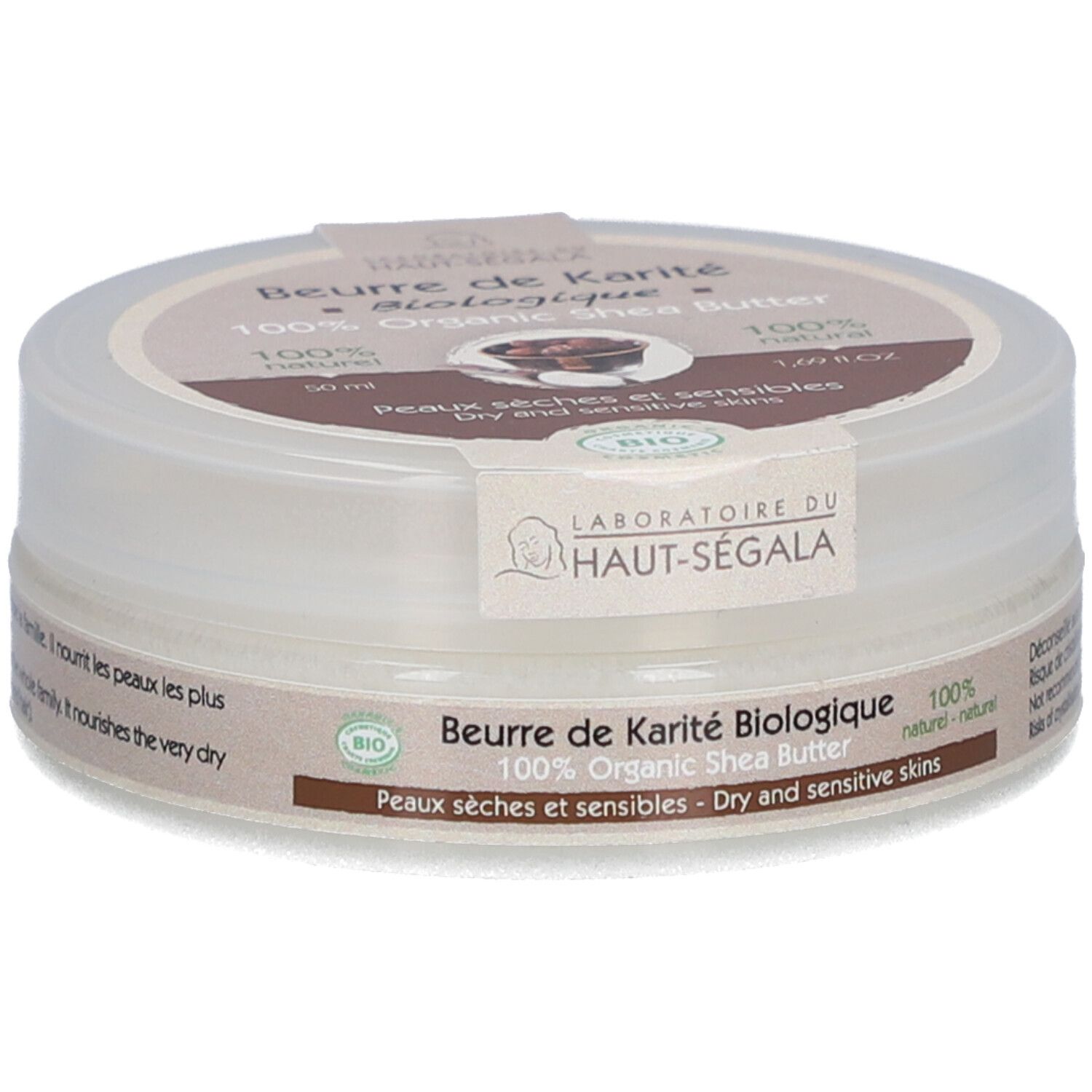 Pot rond 'Beurre de Karité Biologique'. Beurre de karité bio 100%. Pour peaux sèches et sensibles. Label bio. 50 ml.
