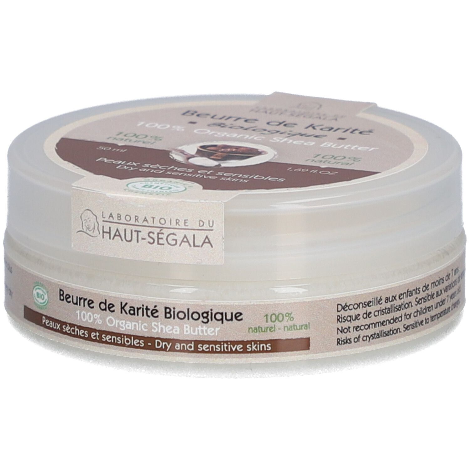 Pot rond 'Beurre de Karité Biologique'. Beurre de karité bio 100%. Pour peaux sèches et sensibles. Label bio. 50 ml.