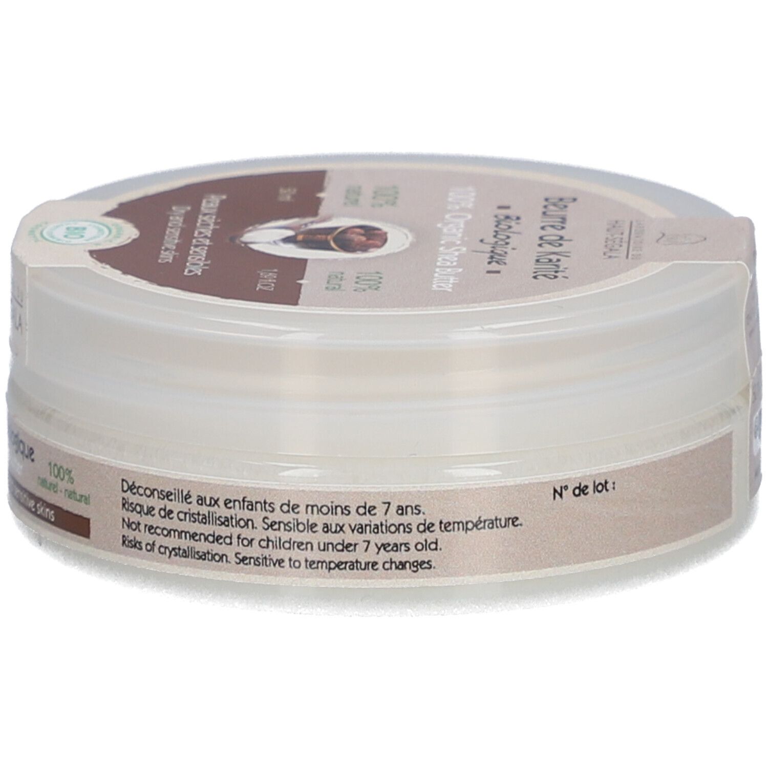 Pot rond 'Beurre de Karité Biologique'. Beurre de karité bio 100%. Pour peaux sèches et sensibles. Label bio. 50 ml.
