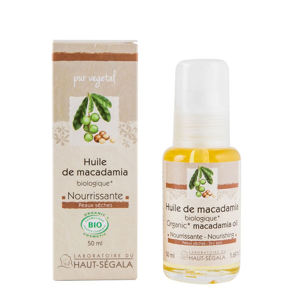 Huile de macadamia bio, flacon et boîte. Étiquette avec nom du produit, label bio et marque Laboratoire du Haut-Ségala.