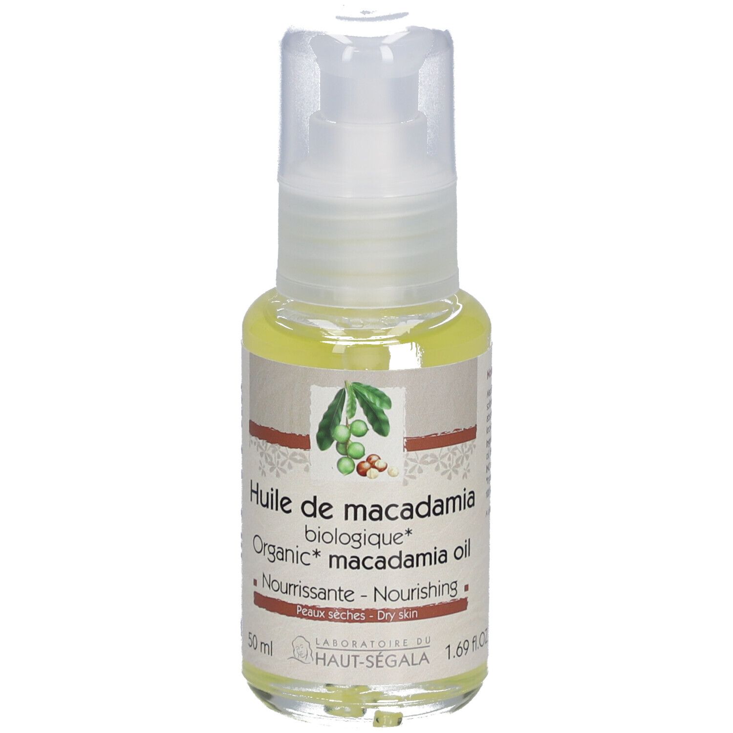 Huile de macadamia bio, flacon avec pompe. Étiquette avec nom du produit, label bio et marque Laboratoire du Haut-Ségala.