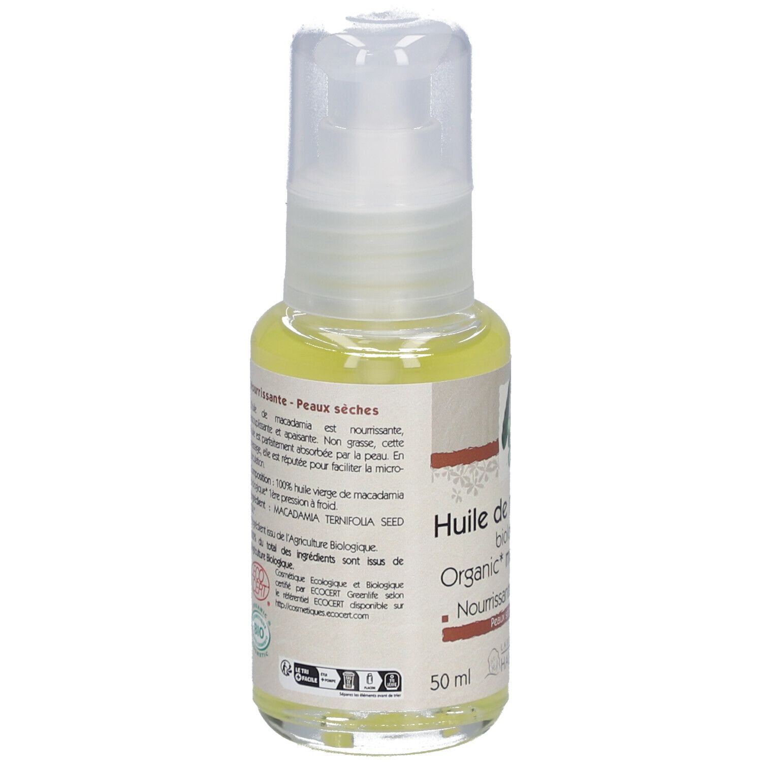 Huile de macadamia bio, flacon avec pompe. Étiquette avec nom du produit, label bio et marque Laboratoire du Haut-Ségala.