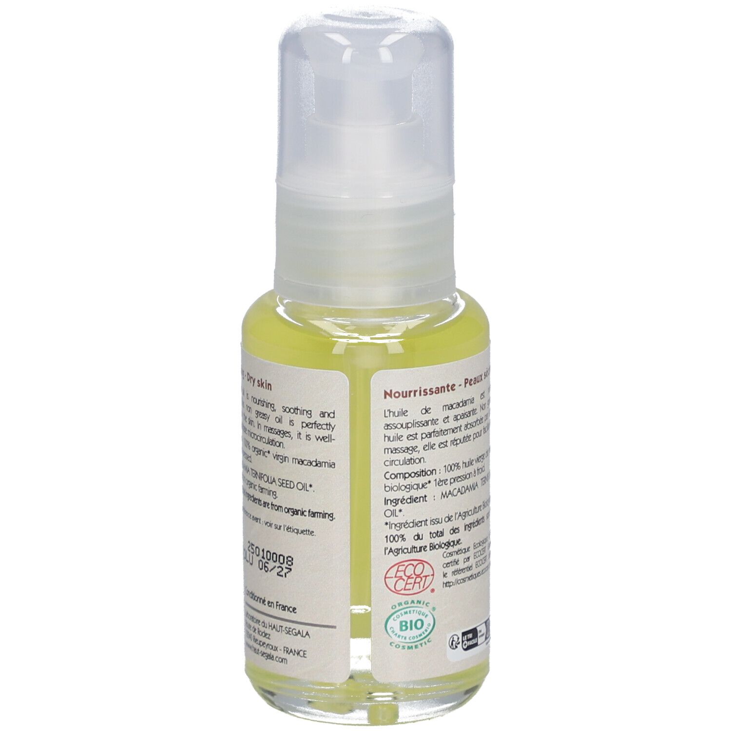 Huile de macadamia bio, flacon avec pompe. Étiquette avec nom du produit, label bio et marque Laboratoire du Haut-Ségala.