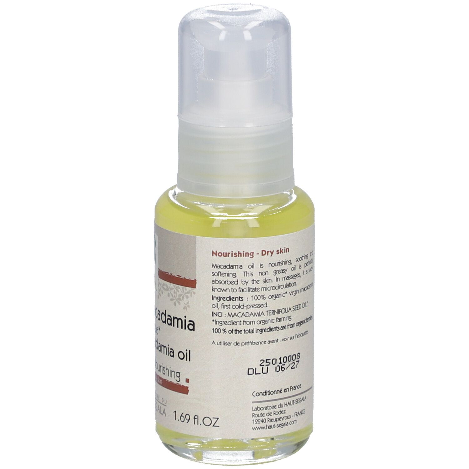 Huile de macadamia bio, flacon avec pompe. Étiquette avec nom du produit, label bio et marque Laboratoire du Haut-Ségala.