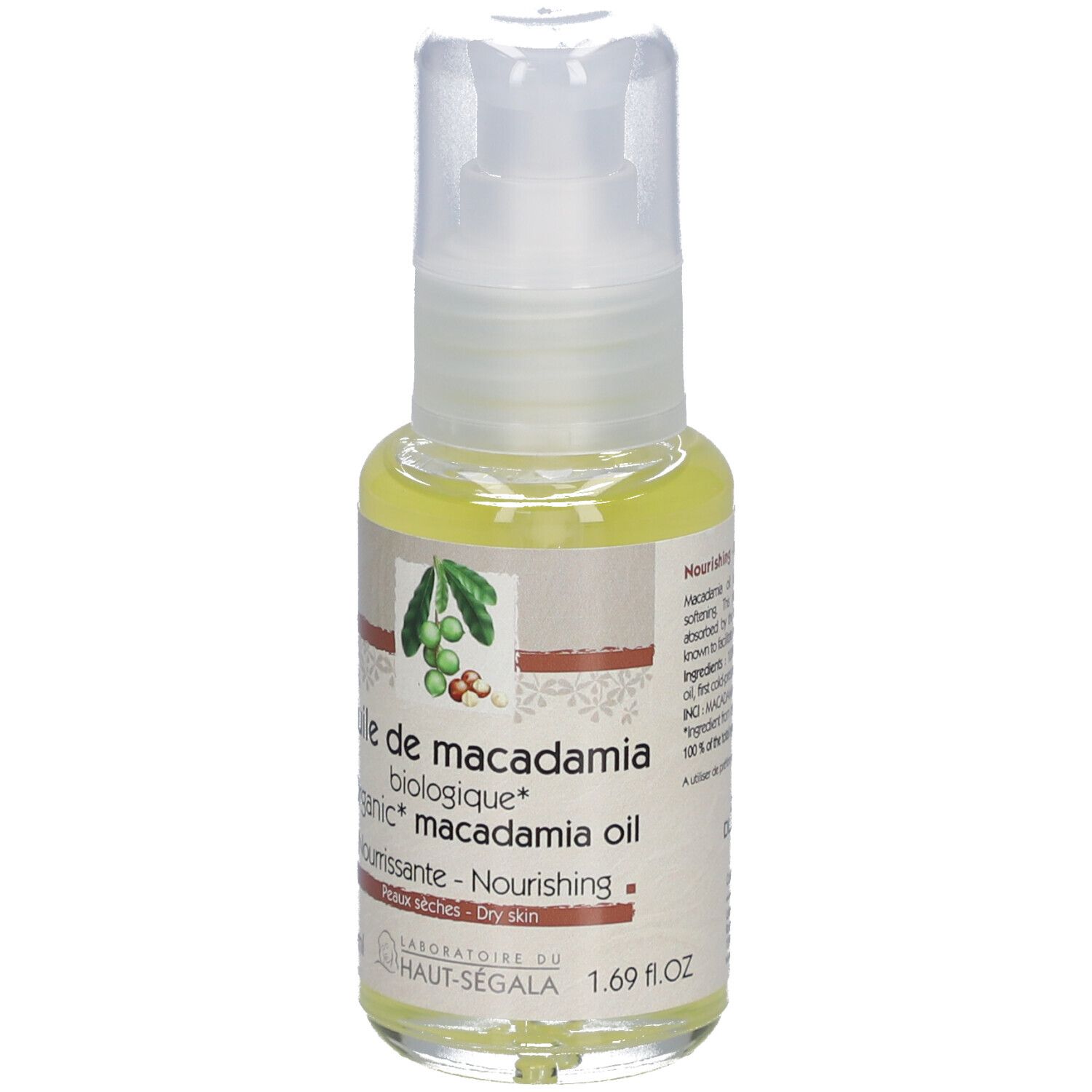 Huile de macadamia bio, flacon avec pompe. Étiquette avec nom du produit, label bio et marque Laboratoire du Haut-Ségala.