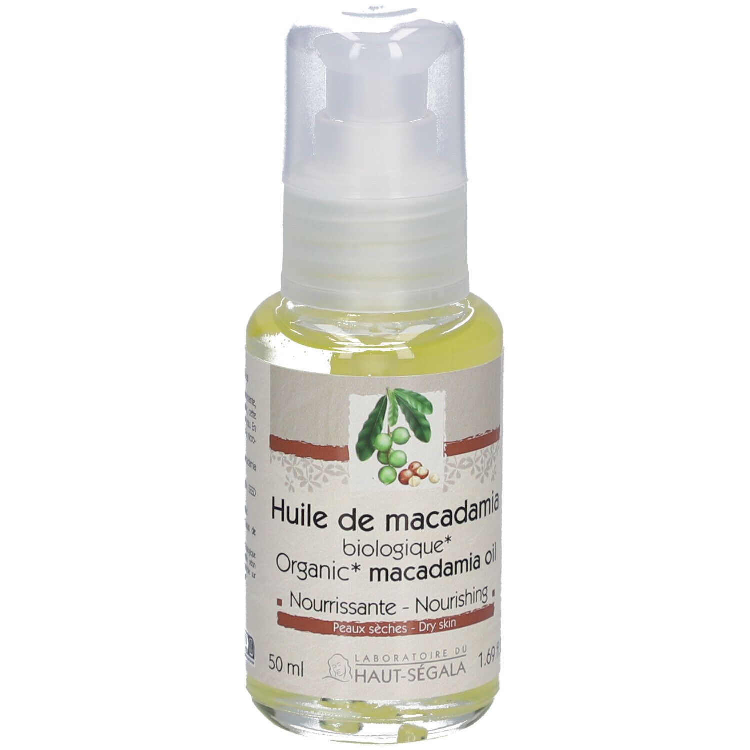 Huile de macadamia bio, flacon avec pompe. Étiquette avec nom du produit, label bio et marque Laboratoire du Haut-Ségala.