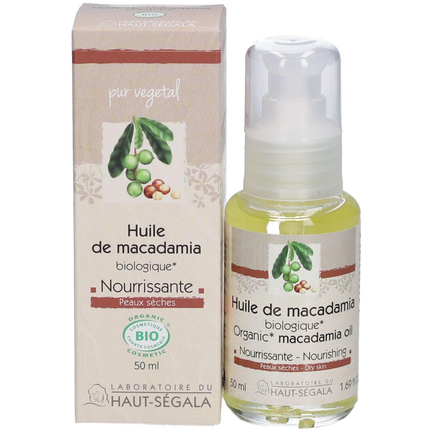 Huile de macadamia bio, flacon et boîte. Étiquette avec nom du produit, label bio et marque Laboratoire du Haut-Ségala.