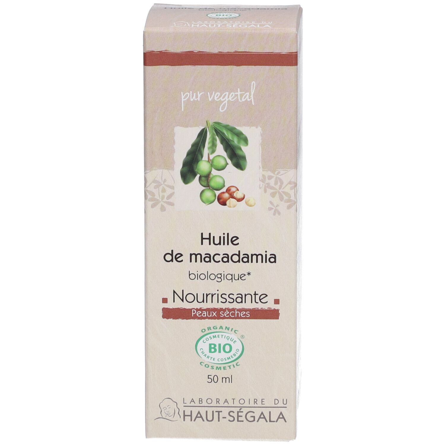 Boîte d'huile de macadamia bio. Étiquette avec nom du produit, label bio et marque Laboratoire du Haut-Ségala.