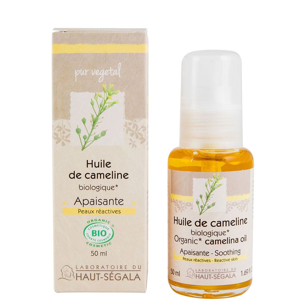 Boîte et flacon d'huile jaune. Inscription: Huile de cameline biologique, Apaisante, Peaux réactives. Logo: Bio Cosmetic.