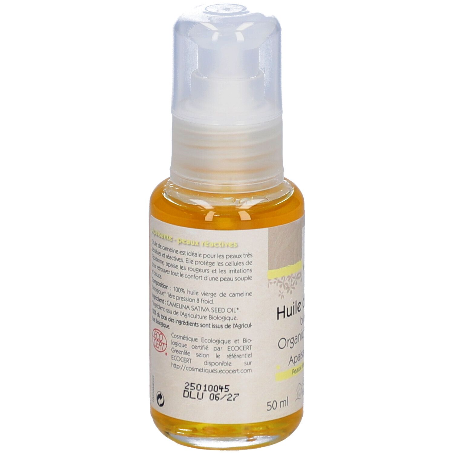 Dos du flacon d'huile. Texte: Huile de cameline biologique, Apaisante, Peaux réactives. Logo ECOCERT. 50 ml.