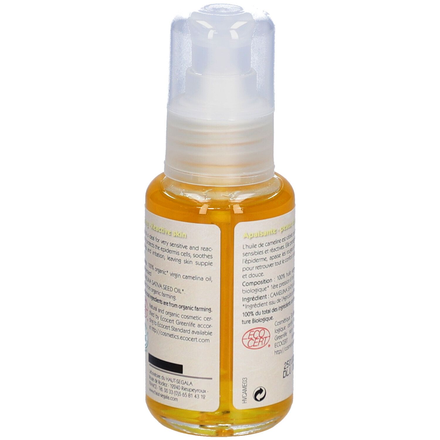 Dos du flacon d'huile. Texte: Huile de cameline biologique, Apaisante, Peaux réactives. Logo ECOCERT. 50 ml.
