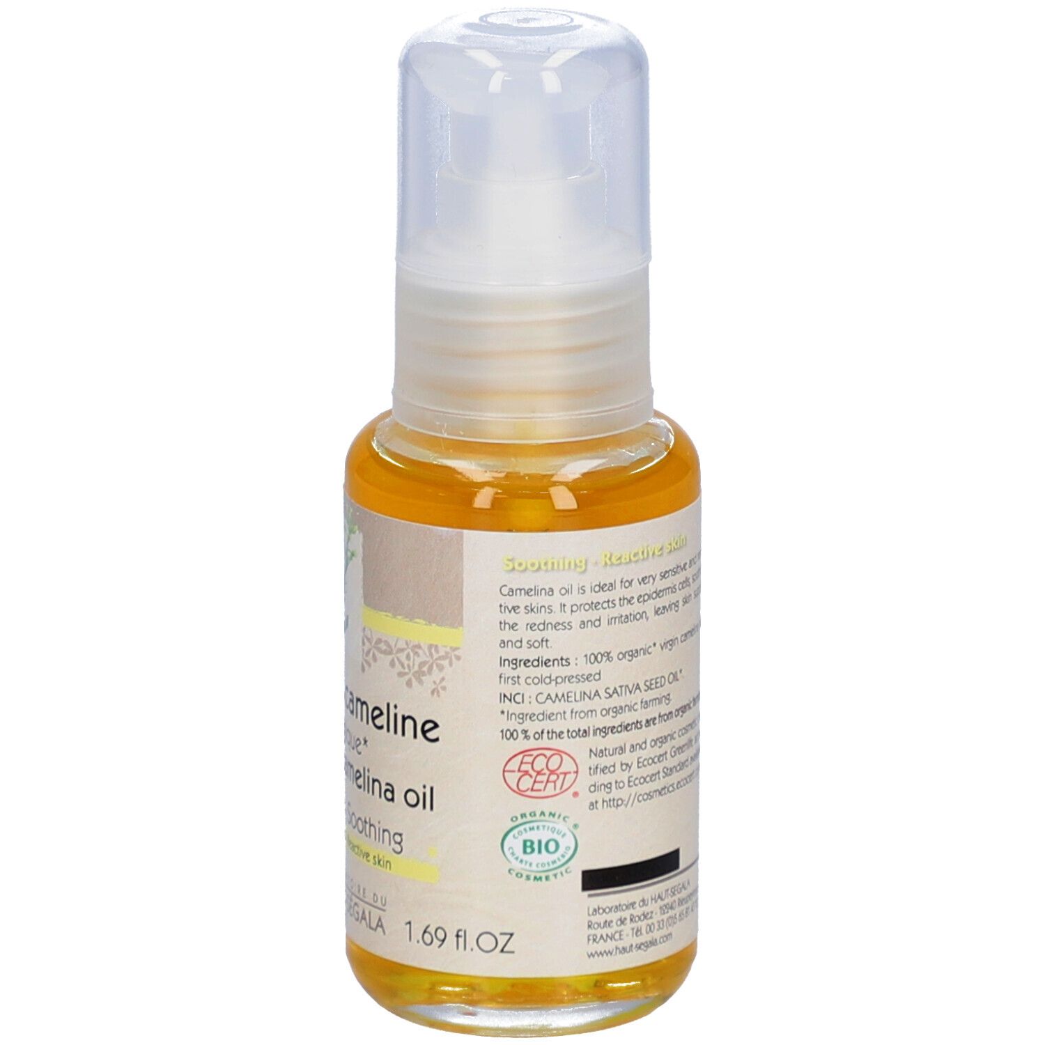 Dos du flacon d'huile. Texte: Huile de cameline biologique, Apaisante, Peaux réactives. Logo ECOCERT. 50 ml.