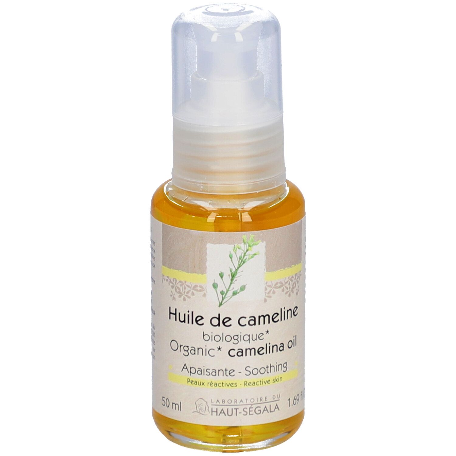 Flacon d'huile avec contenu jaune. Inscription: Huile de cameline biologique, Apaisante, Peaux réactives. Logo ECOCERT. 1.69 fl.oz.