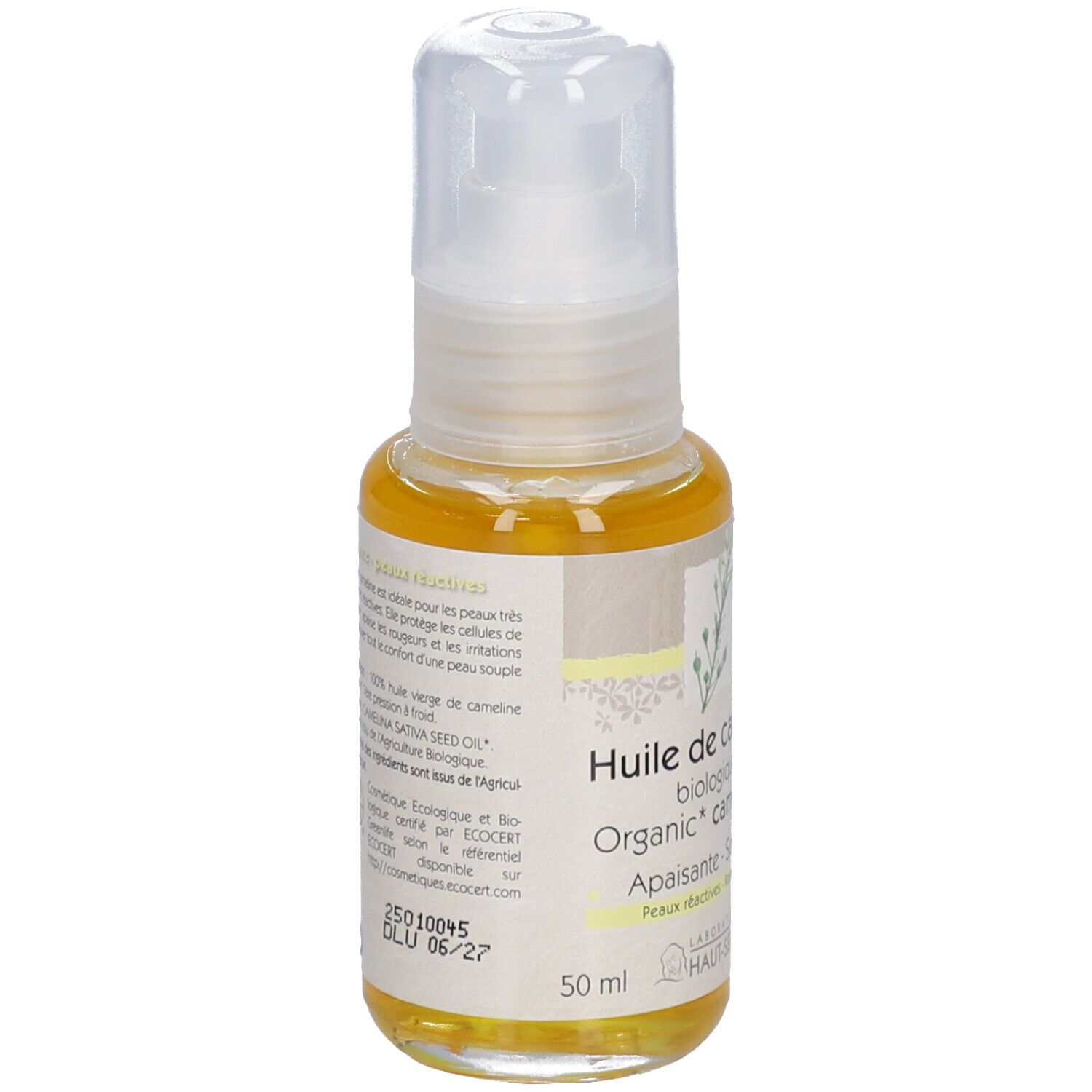 Flacon d'huile avec contenu jaune. Inscription: Huile de cameline biologique, Apaisante, Peaux réactives. Logo ECOCERT. 50 ml.